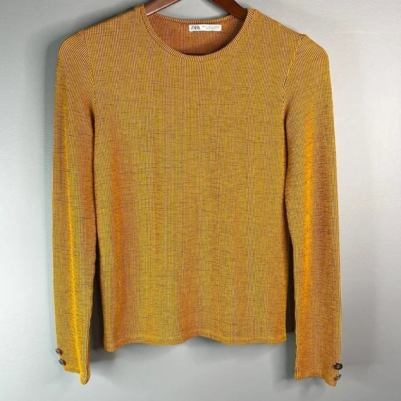 ZARA Ribbed Top Mustard Navy Ribbed Stretch Long Sleeve Textured Crew S - Picture 11 of 11
